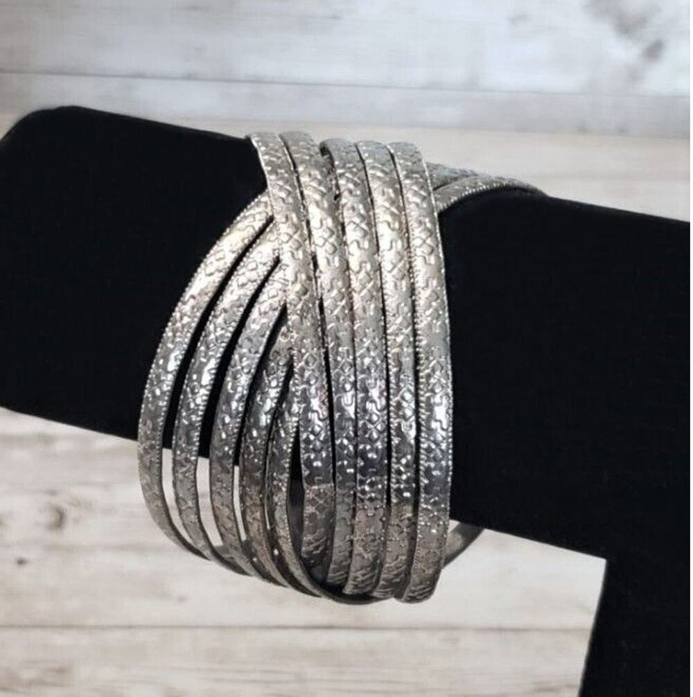 Vintage Bracelets / Bangles - Interlocking Patterned Silver Tone - Statement